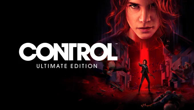 CONTROL Ultimate Edition key art. Jesse Faden is seen with her arm up, surrounded by Hiss. Everything is stark red. Above, a close-up of Jesse's face. She looks determined.