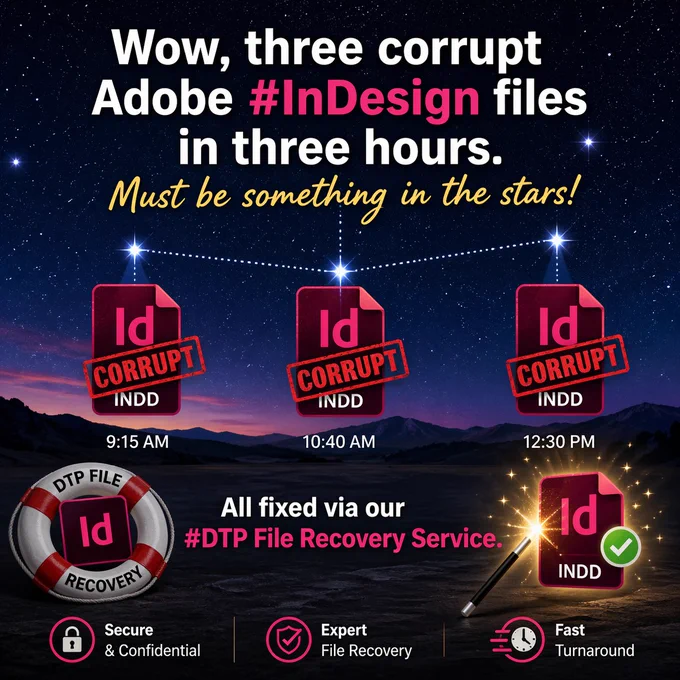 Corrupt InDesign files hanging in night sky as stars and then fixed via recovery service.