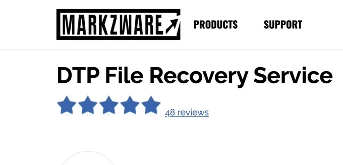 5 out of 5 star rating for Markzware DTP File Recovery Service a web page screen shot