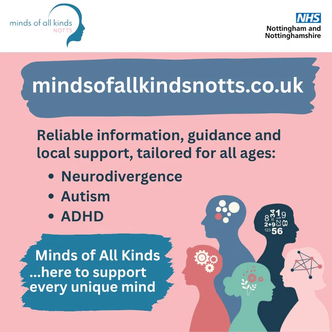 mindsofallkindsnotts.co.uk
Reliable information, guidance and local support, tailored for all ages.
Neurodivergence; autism; ADHD
Minds of all Kinds - here to support every unique mind.
Illustration shows silhouettes of people