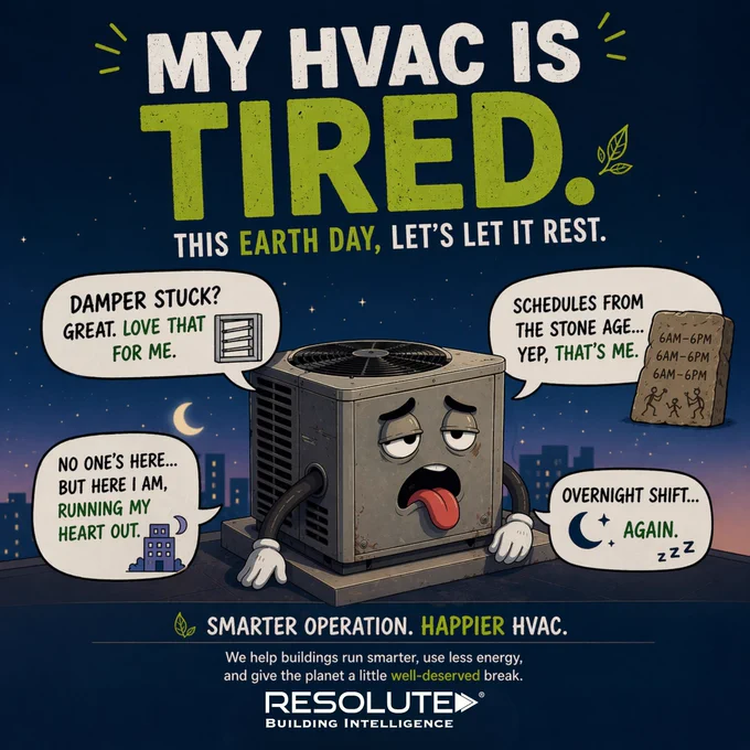 Illustrated Earth Day graphic showing a tired cartoon rooftop HVAC unit at night with the headline “My HVAC is tired. This Earth Day, let’s let it rest.” Speech bubbles joke about a stuck damper, outdated schedules, empty-building runtime, and overnight operation. The bottom reads “Smarter operation. Happier HVAC.” with Resolute Building Intelligence branding.