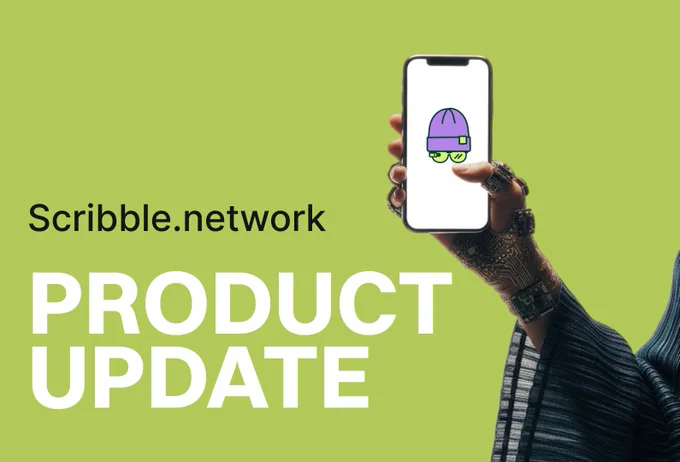 A hand holds a phone displaying a colorful character, accompanied by text announcing updates for a creative platform.