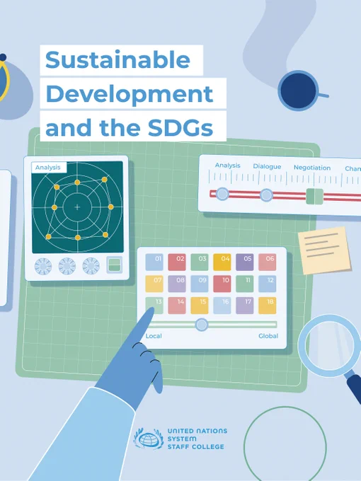 Hand pointing at a digital interface displaying colorful Sustainable Development Goals icons with analysis and negotiation tools nearby on a desk.