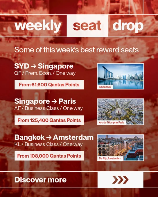 Weekly seat drop promotional image featuring travel rewards offers. Destinations include Sydney to Singapore, Singapore to Paris with an image of the Arc de Triomphe, and Bangkok to Amsterdam with an image of De Pijp, Amsterdam. Points required for each trip are mentioned. "Discover more" call to action at the bottom.
