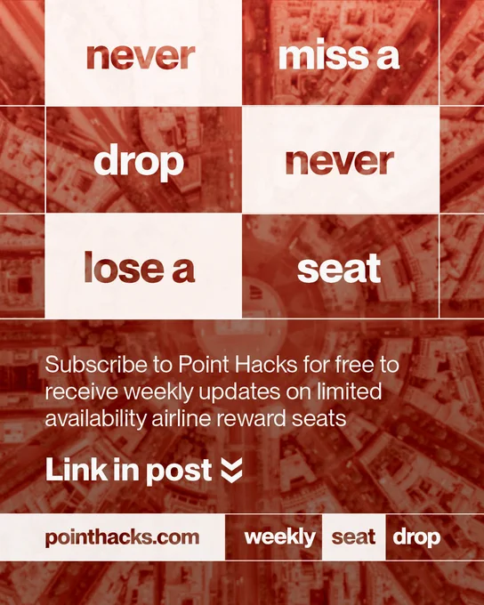 A grid with alternating shades of red and white contains the words: "never miss a drop, never lose a seat." Below, text reads: "Subscribe to Point Hacks for free to receive weekly updates on limited availability airline reward seats. Link in post." Logos for "pointhacks.com," "weekly," "seat," and "drop" are underneath. The background shows an aerial view of a city.
