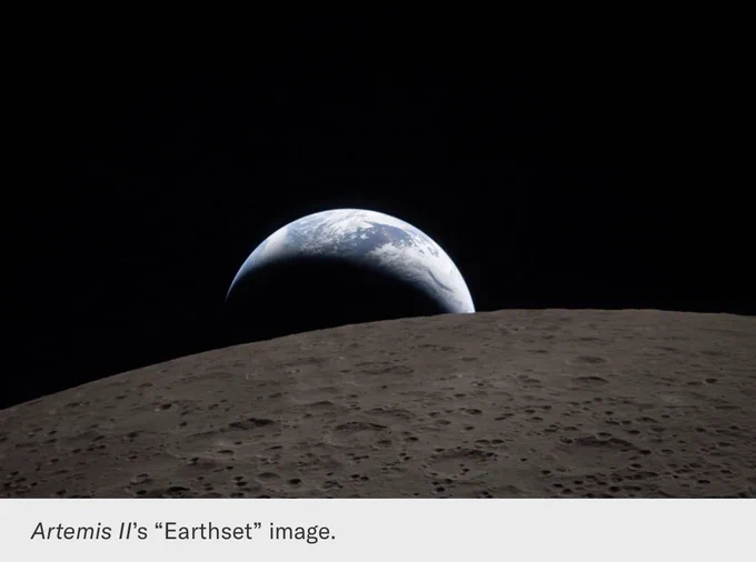 Photo of Earth setting behind the Moon, from Artemis II.
