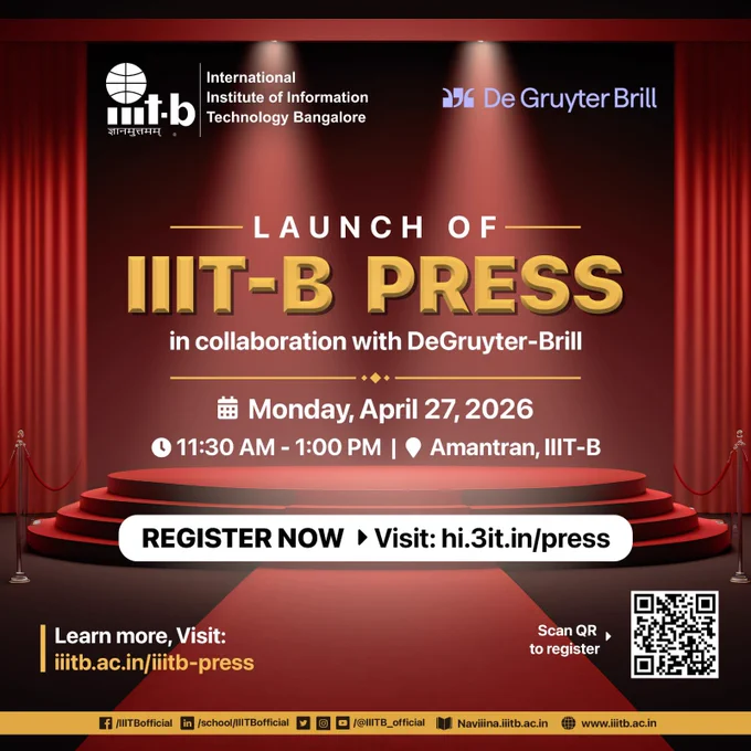 A red-themed event poster announcing the launch of IIIT-B Press in collaboration with De Gruyter Brill. The event is scheduled for Monday, April 27, 2026, from 11:30 AM to 1:00 PM at Amantran, IIIT-Bangalore. The design features a stage with spotlight effects, IIIT-B and De Gruyter Brill logos at the top, and a “Register Now” call-to-action with a website link and QR code for registration.