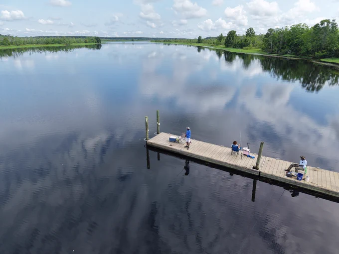 Aerial of people fishing on a dock