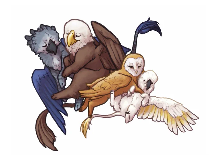 Cuddle pile of Flights of Foundry gryphons including a harpy eagle, a bald eagle, a barn owl, and a cockatoo.