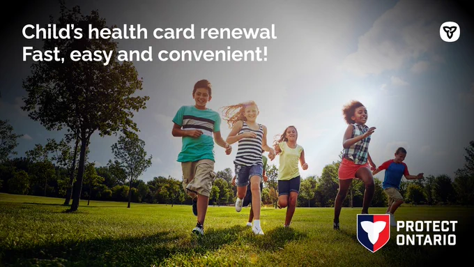 A child’s health card with an image of children playing in the background. Text: Child’s health card renewal online