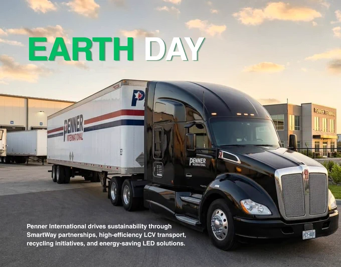 Earth Day graphic showing a black Penner International transport truck and branded trailer parked outside a modern logistics facility at sunset. Large green and white text at the top reads Earth Day. Smaller text at the bottom highlights Penner International’s commitment to sustainability through transportation efficiency, recycling initiatives, and energy saving LED solutions