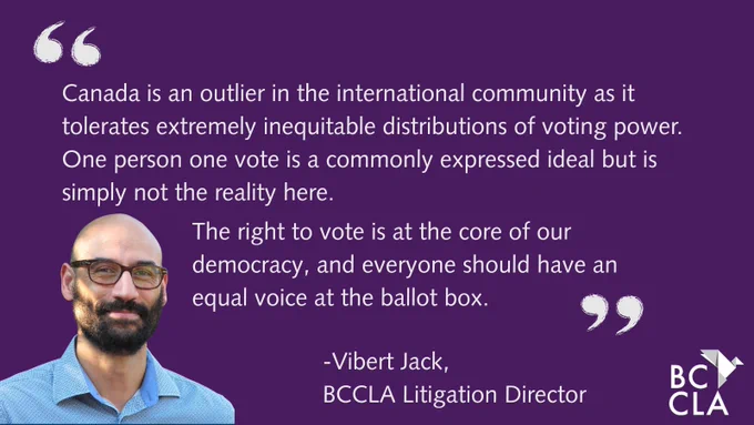 “Canada is an outlier in the international community as it tolerates extremely inequitable distributions of voting power. One person one vote is a commonly expressed ideal but is simply not the reality here. The right to vote is at the core of our democracy, and everyone should have an equal voice at the ballot box.”