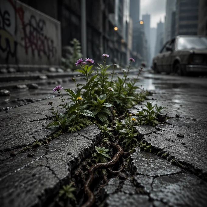 hyper realistic urban environment, cracked concrete road with vibrant green plants and flowers forcefully growing through, roots breaking structure apart, contrast between harsh city textures and soft organic life, cinematic lighting, dust particles in air, shallow depth of field, natural imperfections, symbolic resilience