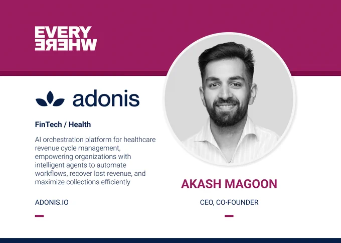 A company profile card for Adonis with a magenta header displaying the mirrored “EVERYWHERE” Ventures logo. On the left, the Adonis logo appears above the label “FinTech / Health” and the description: “AI orchestration platform for healthcare revenue cycle management, empowering organizations with intelligent agents to automate workflows, recover lost revenue, and maximize collections efficiently.” The website “ADONIS.IO” is listed below. On the right, there is a circular black‑and‑white portrait labeled “Akash Magoon, CEO, CO‑FOUNDER.”