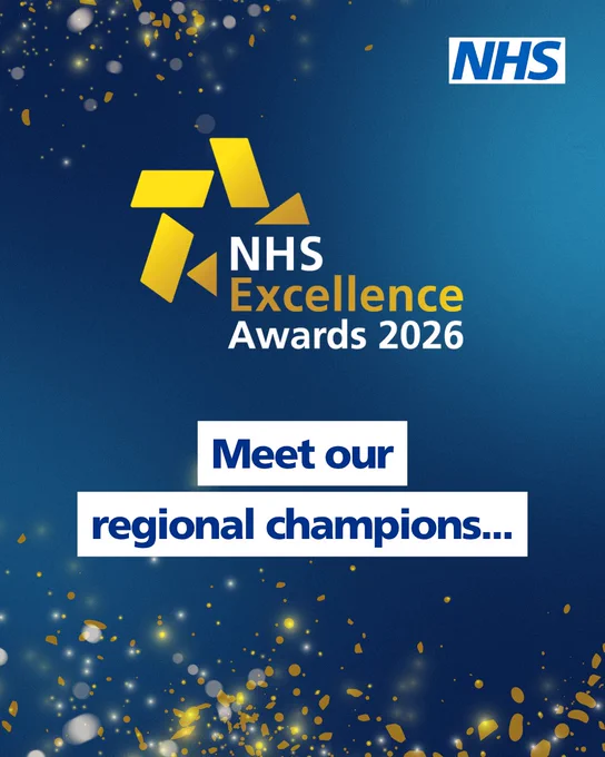 A graphic with NHS logo in top right corner. Text that reads NHS Excellence Awards, meet our regional champions. 