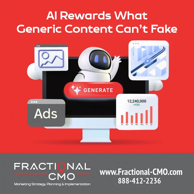 🌊 AI flooded the web with content. Most of it is invisible.

More content didn't create more visibility. It created more noise 🗣️.

AI search filters for genuine expertise, not volume.
If you actually know your industry, that's your edge 🎯.

Quality over quantity. Deeper value. Better results.

↪️ Discover how genuine expertise becomes your biggest competitive edge in AI search: fractional-cmo.com/ai-search-trends-whats-changing-and-what-it-means-for-businesses/.

#ContentStrategy #AISearch #FractionalCMO #B2BMarketing
