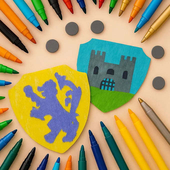 Wooden badges decorated with Clitheroe Castle and the De Lacy lion surrounded by coloured pens.
