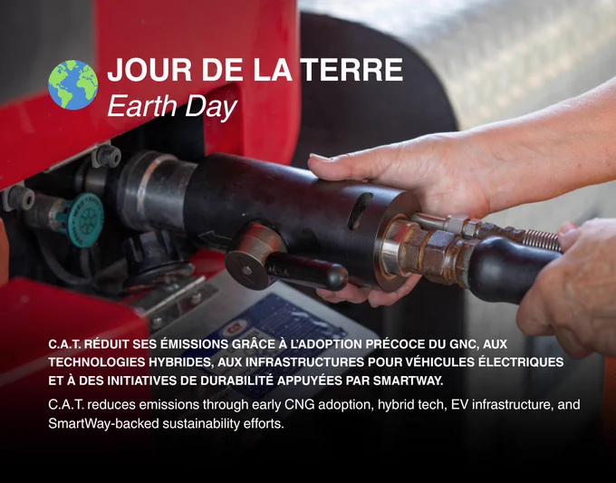 Close up of hands connecting a fuel nozzle to industrial equipment. Earth Day text appears in the corner. The image highlights actions to reduce emissions through clean energy technologies such as compressed natural gas vehicles, hybrid solutions, electric vehicle infrastructure and sustainability initiatives