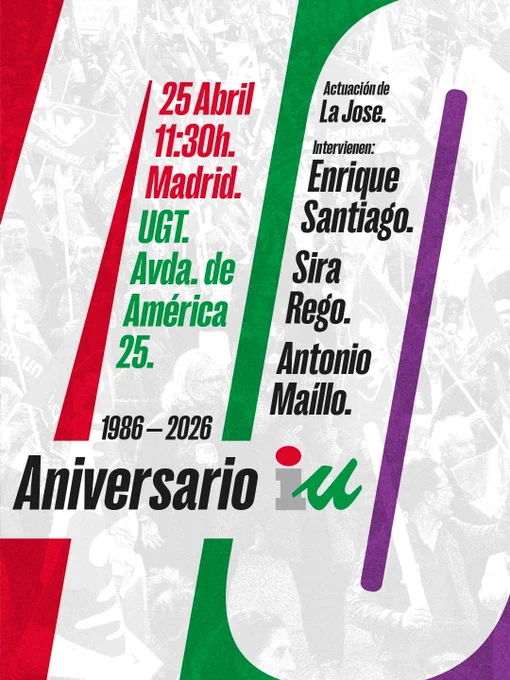 Cartel promocional del acto del Izquierda Unida por su 40 aniversario.

El número 40 grande ocupa todo el espacio del cartel, sobre una manifestación de fondo. En los espacios blancos que hace el número viene colocada la información: "Aniversario IU, 25 Abril, 11:30h, Madrid. UGT, Av de America 25. Actuación de La Jose. Intervienen: Enrique Santiago, Sira Rego, Antonio Maíllo".

