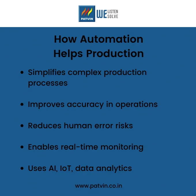 Key benefits of automation in production including improved accuracy, reduced errors, and real-time monitoring.