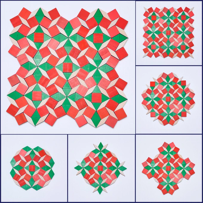 The top left main image shows a square-like geometric design created with pattern blocks. At the center (and the four corners) is an orange square surrounded by four green triangles, four tan rhombuses, and eight orange squares. The gaps are filled in with green triangles and tan rhombuses. The images along the bottom and on the right show the progression of the design.
