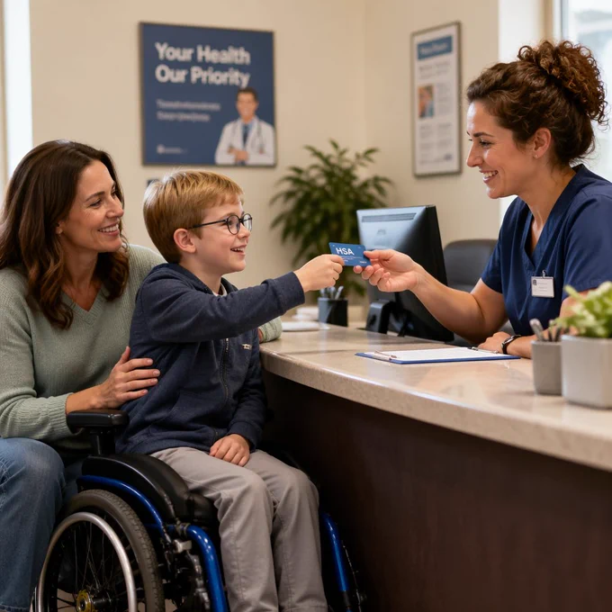 Mother and disabled child presenting HSA Medicaid card at doctor's office visit.