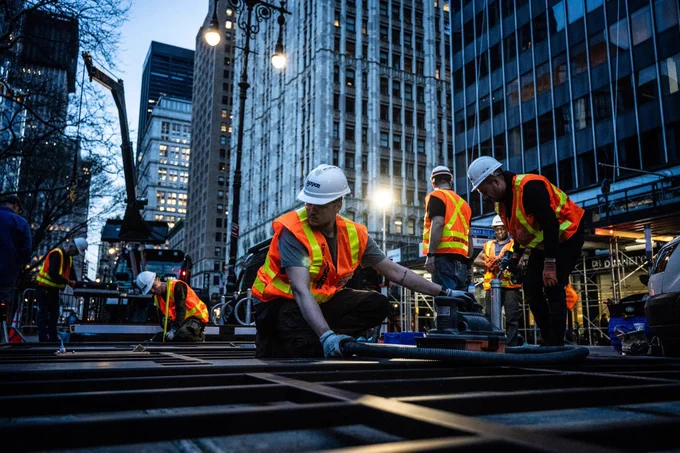 Workers in safety gear and helmets construct a structure in an urban area during twilight. Tall buildings surround the site, with visible streetlights illuminating the scene.