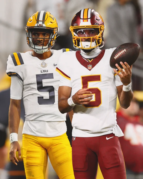 Photo of Jayden Daniels in both his LSU football uniform and his Commanders Uniform.