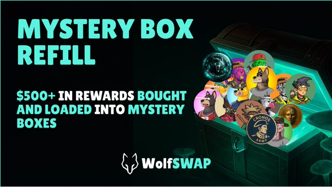 Mystery box overflowing with various NFTs and tokens, highlighting a $500 rewards refill from WolfSWAP.