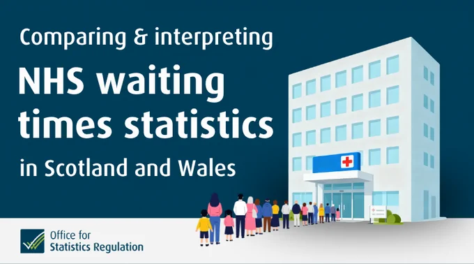 Comparing & interpreting NHS waiting times statistics in Scotland and Wales. A graphic showing a queue at a hospital