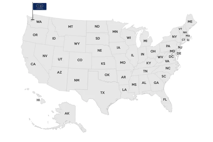 Map of United States with Loop Technology flag planted in Washington State 