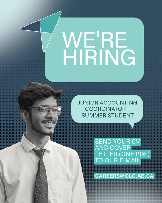 We're Hiring

Junior Accounting Coordinator – Summer Student  

SEND YOUR CV AND COVER LETTER (one PDF) TO OUR E-MAIL

careers@clg.ab.ca