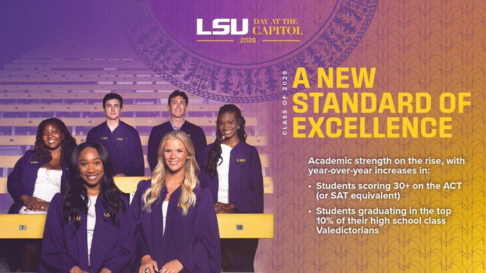 A group of individuals in purple robes sit and stand on bleachers. They are associated with LSU, indicated by the logo and text. The background features yellow bleachers and a decorative circular pattern. Text highlights LSU's academic achievements, mentioning increases in ACT scores and high school class valedictorians.