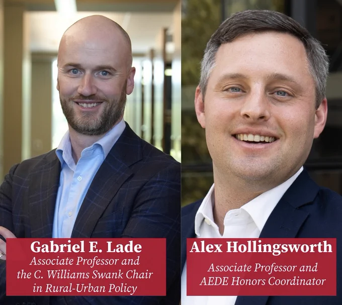 A split image showing two individuals. The left side features someone labeled as Gabriel E. Lade, Associate Professor and C. William Swank Chair in Rural-Urban Policy. The right side shows someone labeled as Alex Hollingsworth, Associate Professor and AEDE Honors Coordinator.