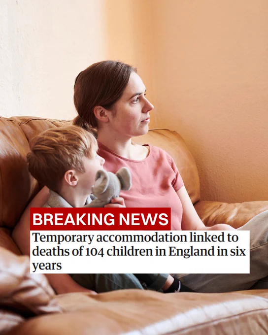 A mum and a child sit on a brown leather sofa. The child holds a stuffed elephant. A news headline on the image reads: "Breaking News: Temporary accommodation linked to deaths of 104 children in England in six years."