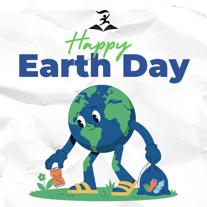 Cartoon Earth character picking up trash with a bag, celebrating Happy Earth Day message above.