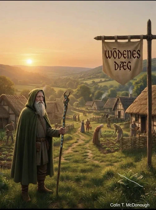A vibrant and enlightening digital illustration of an Anglo-Saxon village at sunrise. On the left stands a wise, elderly man representing Wōden, with a long white beard, wearing a hooded green cloak and holding a tall wooden staff carved with glowing blue runes. On the right, a large wooden signpost hangs a parchment banner that reads "WŌDENES DÆG" in a historic script. In the background, villagers tend to gardens outside thatched-roof cottages under a soft, golden morning sun. The scene is peaceful and warm. In the bottom right corner, the name "Colin T. McDonough" is written in a clean, subtle white font at 75% opacity as a creator credit.