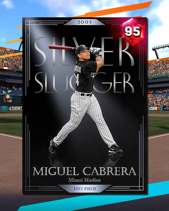 Miguel Cabrera's MLB The Show Silver Slugger card (95 red diamond) 
He wears a black Florida Marlins uniform with white lettering. The card is pictured in front of the Marlins old stadium -- then Pro Player Stadium.