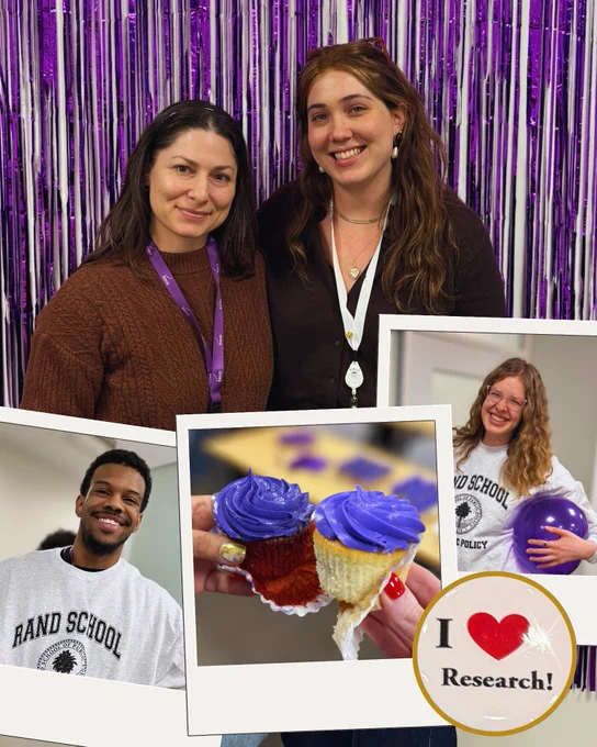 Two RAND School students stand in front of a sparkling purple backdrop. Three polaroid-style images appear across the bottom of the graphic. The first photo is of a male student wearing a RAND School sweatshirt; the second is of chocolate and vanilla cupcakes with purple icing; the third is a female student holding a purple balloon. 