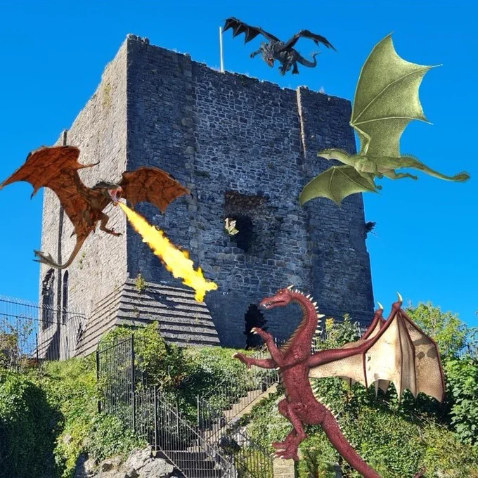 Image of Clitheroe Castle keep with dragon flying around it.