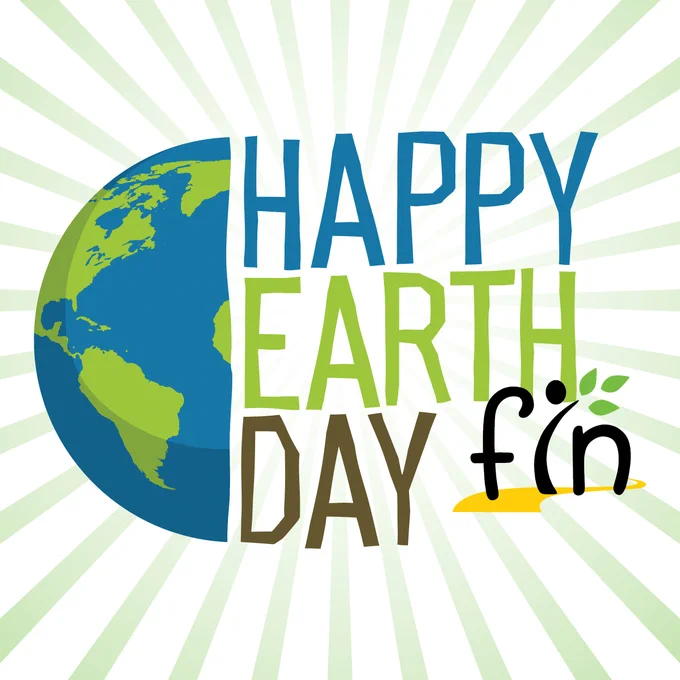 Illustration of a globe on the left with the words "Happy Earth Day" in large, colorful letters. A small figure with leaves is part of the word "fin" at the bottom right. The background has a pattern of light green rays emanating from the center.
