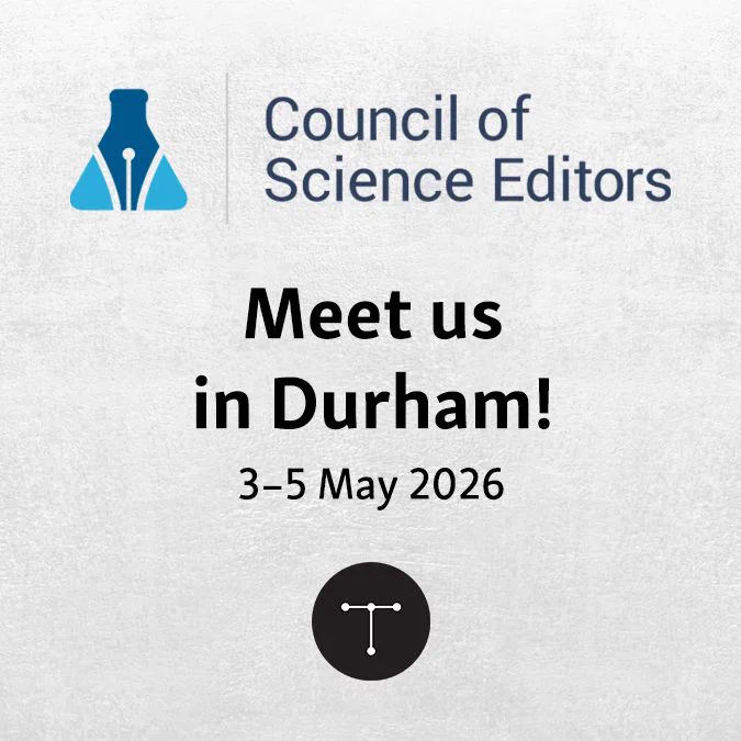 The Council of Science Editors logo, blue text at right with a beaker icon at left, is at the top. Below the logo there is text that reads: Meet us in Durham! 3–5 May 2026. The Typefi logo is at the bottom.