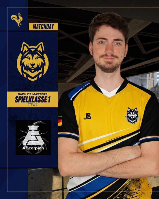 A player in a yellow and black esports jersey poses confidently, promoting a match between Team Polaris and A Scorpion.