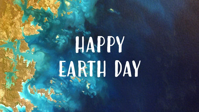 A textured depiction of Earth with land in gold and ocean in deep blue and teal hues. Overlaid text reads "Happy Earth Day."