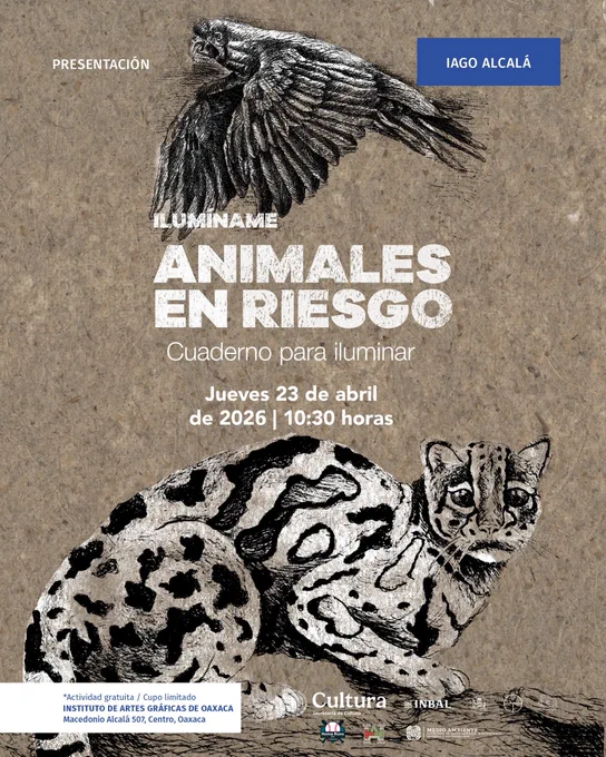 🎨🐾 Participa en una actividad creativa con causa
Este 23 de abril a las 10:30 am, en el IAGO Alcalá, se presenta el cuaderno para iluminar “Animales en riesgo”, una propuesta didáctica que invita a reflexionar sobre las especies en peligro de extinción.
A través de ilustraciones y datos accesibles, conocerás las amenazas que enfrentan, como la pérdida de hábitat, la contaminación y el cambio climático.
Una actividad para todas las edades que promueve el cuidado de la biodiversidad en Oaxaca