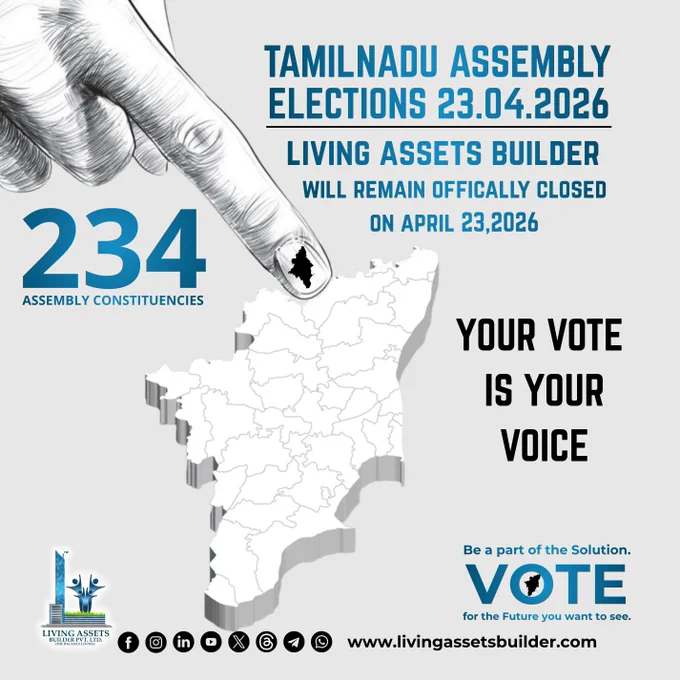 Infographic-style poster for Tamil Nadu Assembly Elections 2026. Hand with ink-marked index finger pointing at a 3D Tamil Nadu map. Displays 234 assembly constituencies. Office closure notice from Living Assets Builder. Voting awareness design.