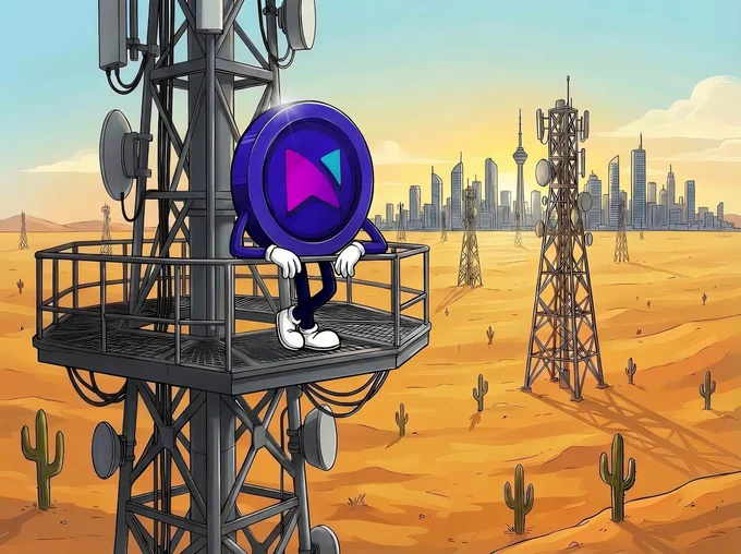 Illustration of a decentralized telecommunications network connecting remote and urban environments, representing DePIN (Decentralized Physical Infrastructure Networks) at scale. In the foreground, a stylized Minutes Network Token (MNTx) mascot sits on a telecom tower platform in a desert landscape, symbolizing distributed infrastructure nodes. Multiple telecom towers extend across the terrain, forming a connected network. In the background, a modern city skyline highlights integration with global connectivity. The scene reflects real-world blockchain utility, telecom infrastructure scaling, and the shift toward revenue-generating, demand-driven networks. Keywords: DePIN telecom, blockchain infrastructure, decentralized network, Web3 telecom, Minutes Network, MNTx, real-world usage, distributed telecom nodes, global connectivity.