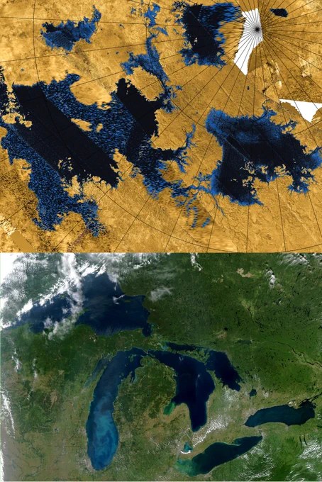 Dark blue lakes on Saturn's moon, Titan, (top) from Cassini compared to The Great Lakes (bottom)