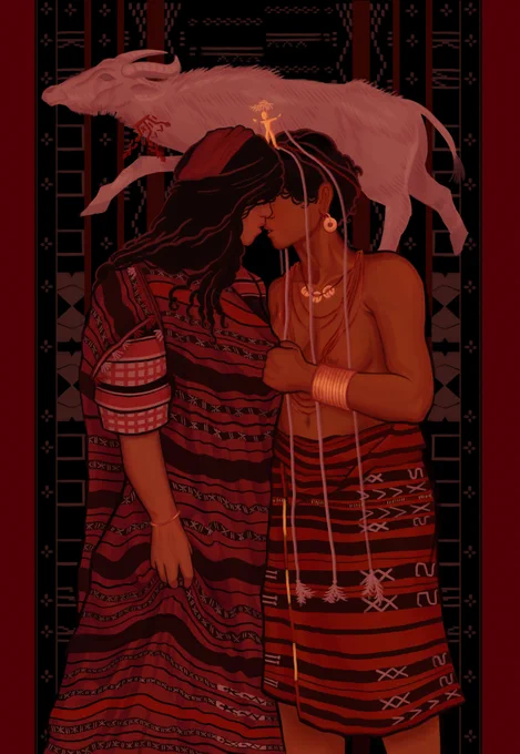 A digital painting of two Igorot women leaning into each other for a kiss. The Ifugao woman on the right holds the Ibaloi woman's blanket tightly, pulling her in. The Ibaloi woman grips onto her blanket. They are both wearing traditional, ceremonial clothing, with the Ifugao woman wearing more elaborate jewelry and a headdress. Behind them is a white carabao with its neck cut. The background is an aladdang sinikwit, the highest funerary blanket among the Ibaloi. The piece is mostly rendered in reds, browns and blacks.