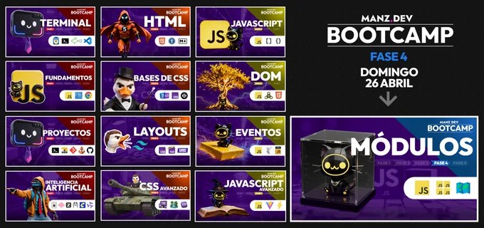 FASE 1

- Clase 1: Terminal
- Clase 2: Fundamentos JS
- Clase 3: Control de Proyectos
- Clase 4: Inteligencia Artificial

FASE 2

- Clase 1: HTML y semántica
- Clase 2: Bases de CSS
- Clase 3: Layouts
- Clase 4: CSS Avanzado

FASE 3

- Clase 1: Javascript
- Clase 2: DOM
- Clase 3: Eventos
- Clase 4: Javascript avanzado

FASE 4

- Clase 1: Módulos (próxima clase)
